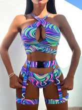 Allover Print Crisscross Front Garter Bikini Swimsuit